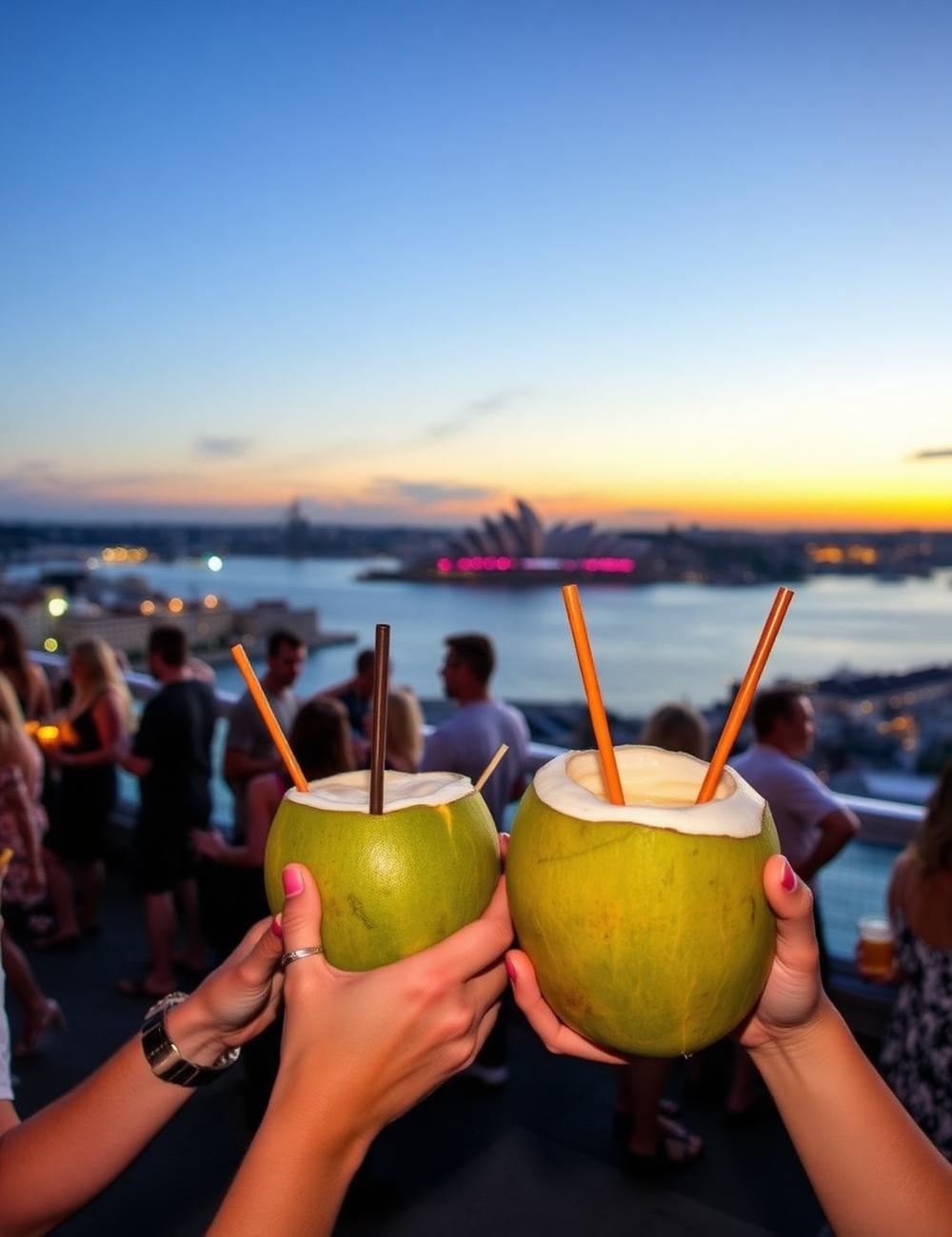 Guests toasting with fresh coconuts