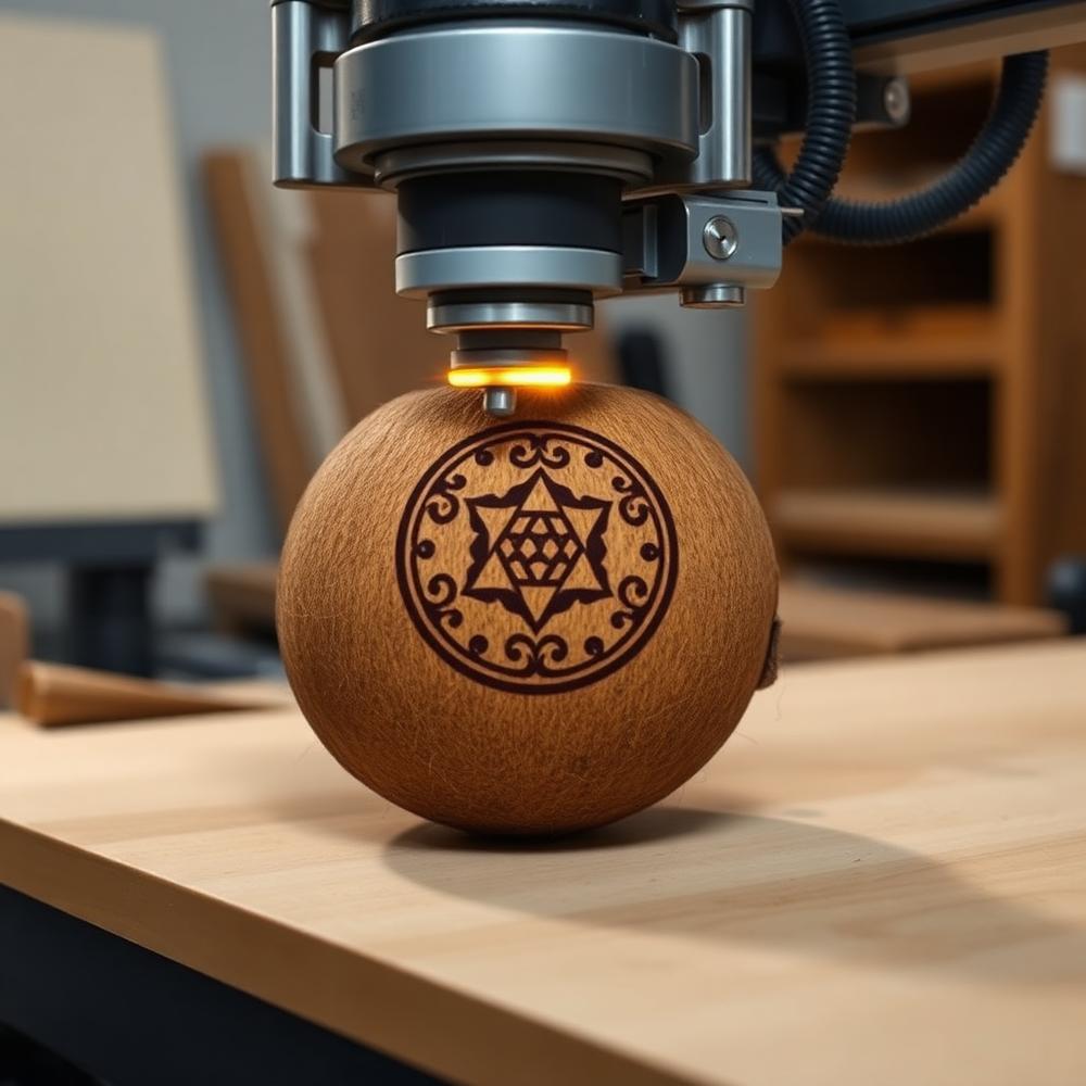 Logo being engraved onto a coconut shell