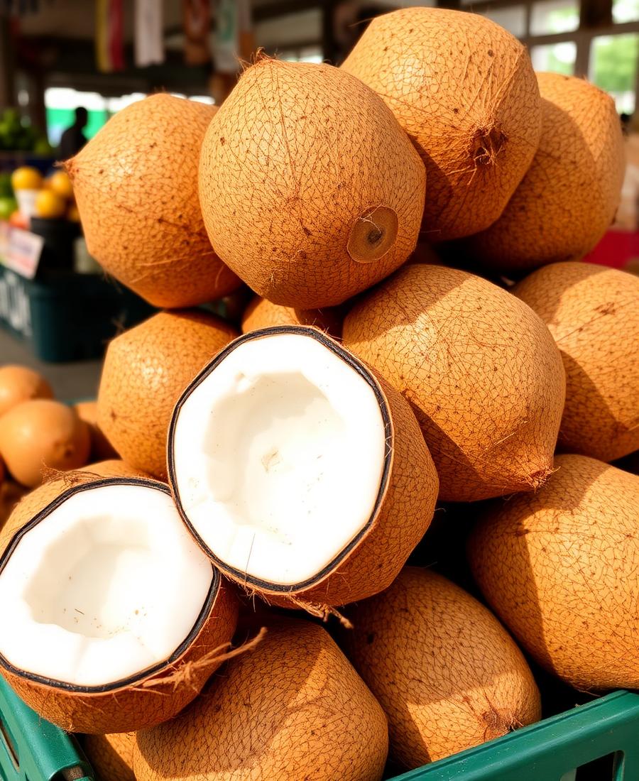 Diamond-cut coconuts in a market crate