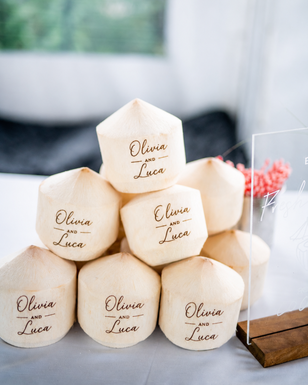 Coconuts styled at a wedding table